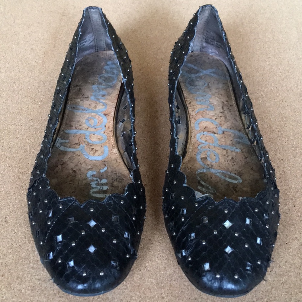 Sam Edelman Studded Black Reptile Leather Flats